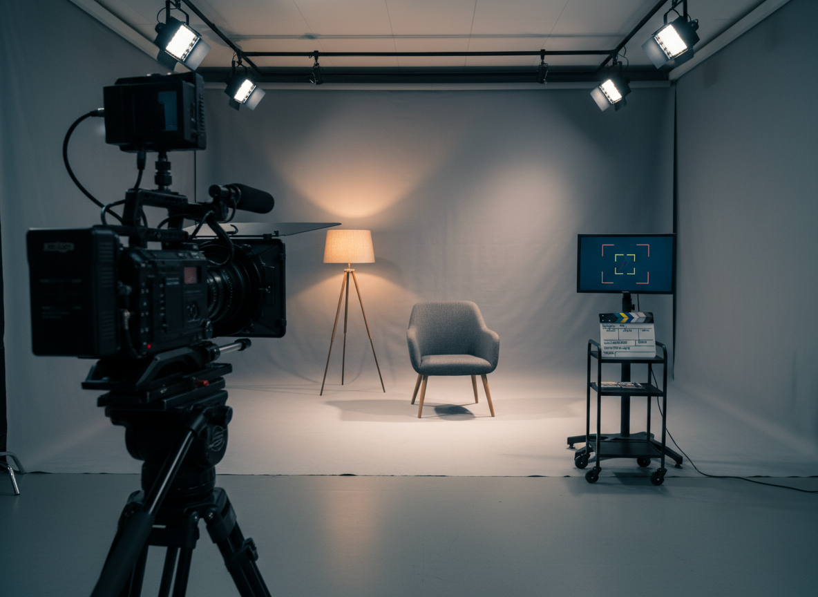 A modern screen-acting studio designed for on-camera training, deliberately devoid of people. A large cinema camera with matte box and follow focus is positioned on a fluid-head tripod facing a minimalist set: a soft gray backdrop, a single elegant armchair in textured charcoal fabric, and a floor lamp with a linen shade casting a gentle pool of light. To the side, a tidy monitor setup displays a paused frame with framing guides, and a slate rests on a small rolling cart. Cool, controlled studio lighting creates even illumination with subtle, flattering shadows. Photographic realism shot from just behind the camera, so its body and lens dominate the foreground while the set remains crisply detailed in the midground. The atmosphere is professional, focused, and polished, ideal for representing advanced on-screen performance coaching.