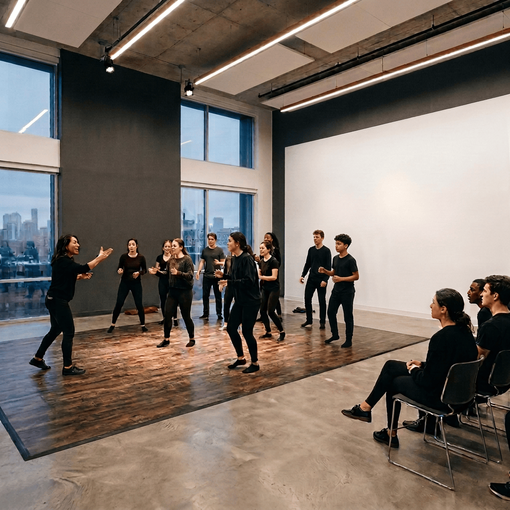 Acting workshop participants practicing movement while others observe