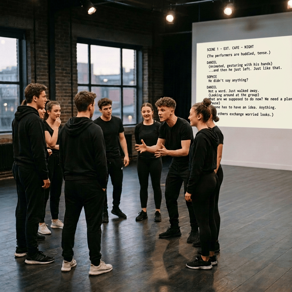Teenage acting workshop with digital script on screen