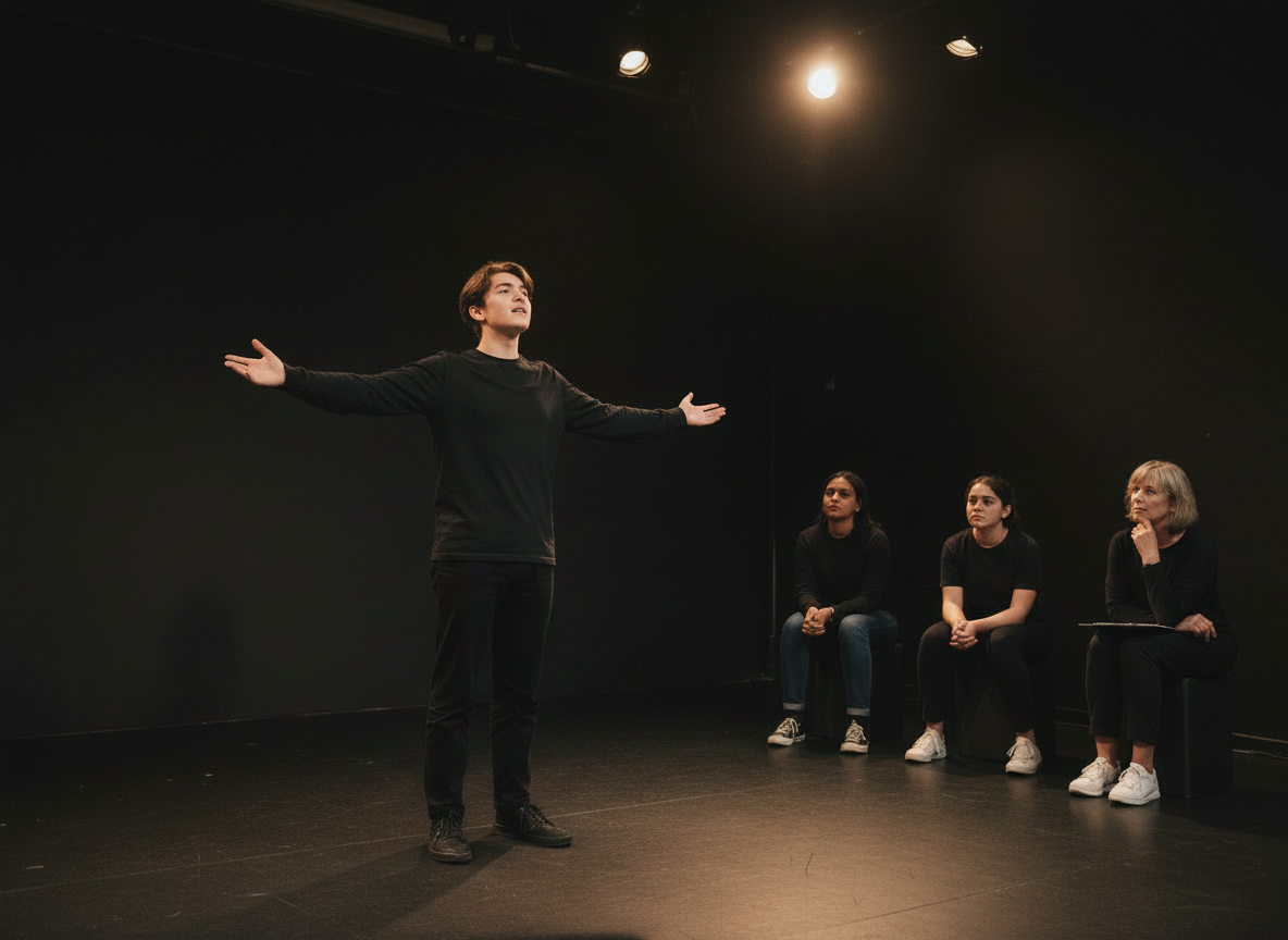 Keep the existing image composition, young performer, tutor, rehearsal studio, pose, lighting, and premium editorial style unchanged. Change the clothing only so every visible participant wears professional all-black rehearsal clothing: black T-shirts or long-sleeve tops, black trousers or leggings, and black trainers or jazz shoes. No logos, no text, no other colour accents.
