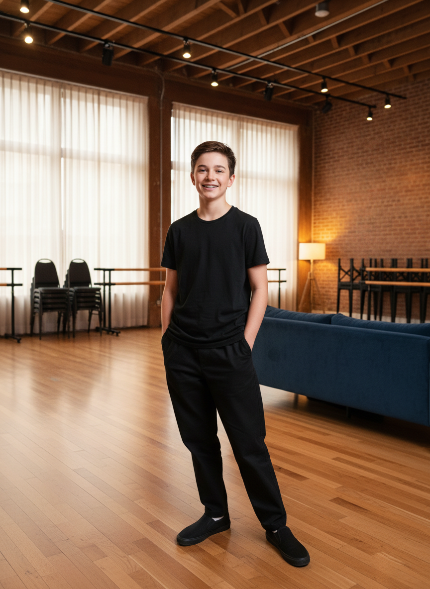 A relaxed teenage boy smiling in a professional drama rehearsal studio, dressed in black